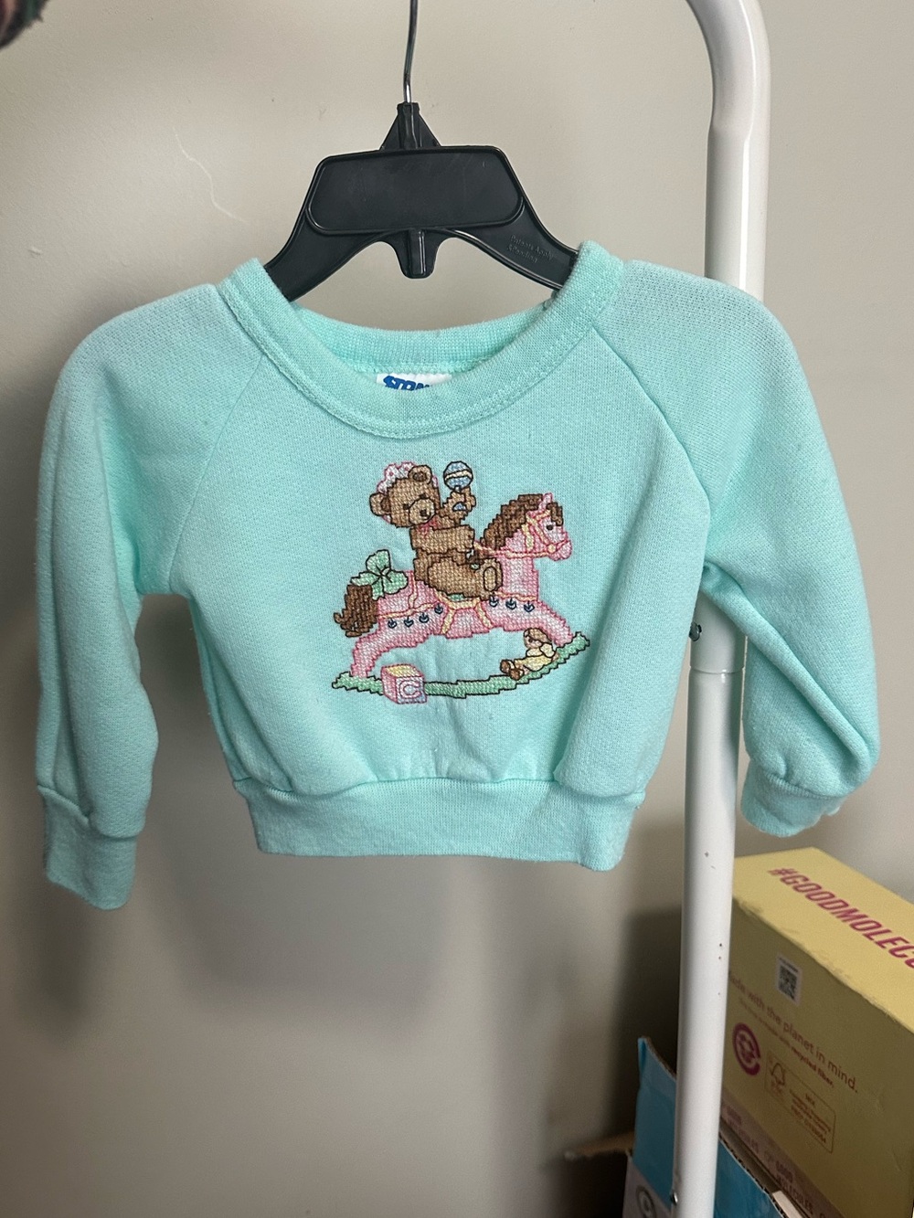 Vintage Light Blue Needlepoint Bear Rocking Horse Sweatshirt size 18m